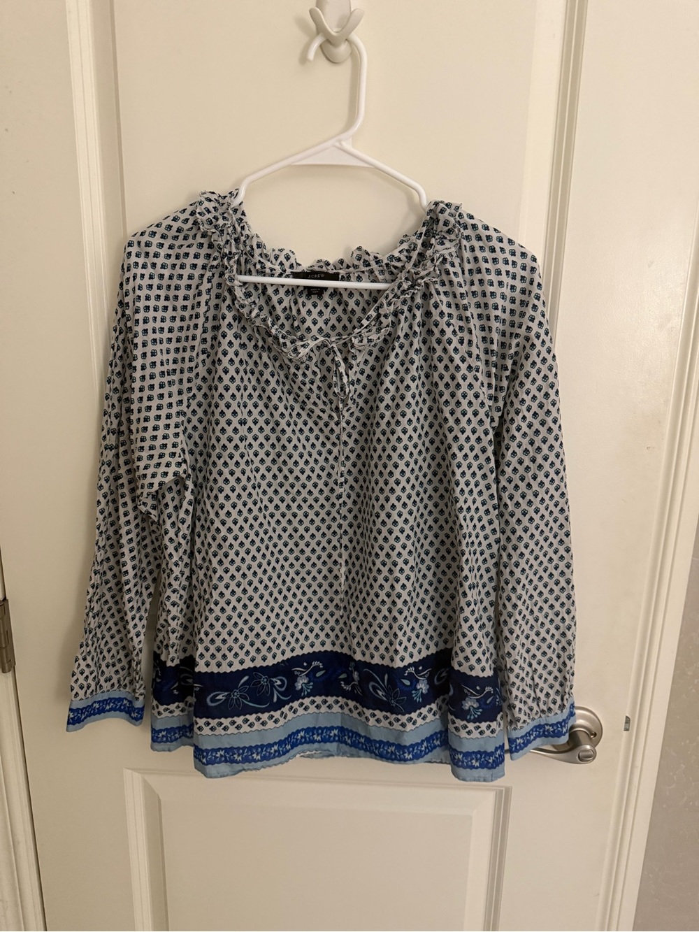 J. Crew White Patterned Tunic with Navy Border Print